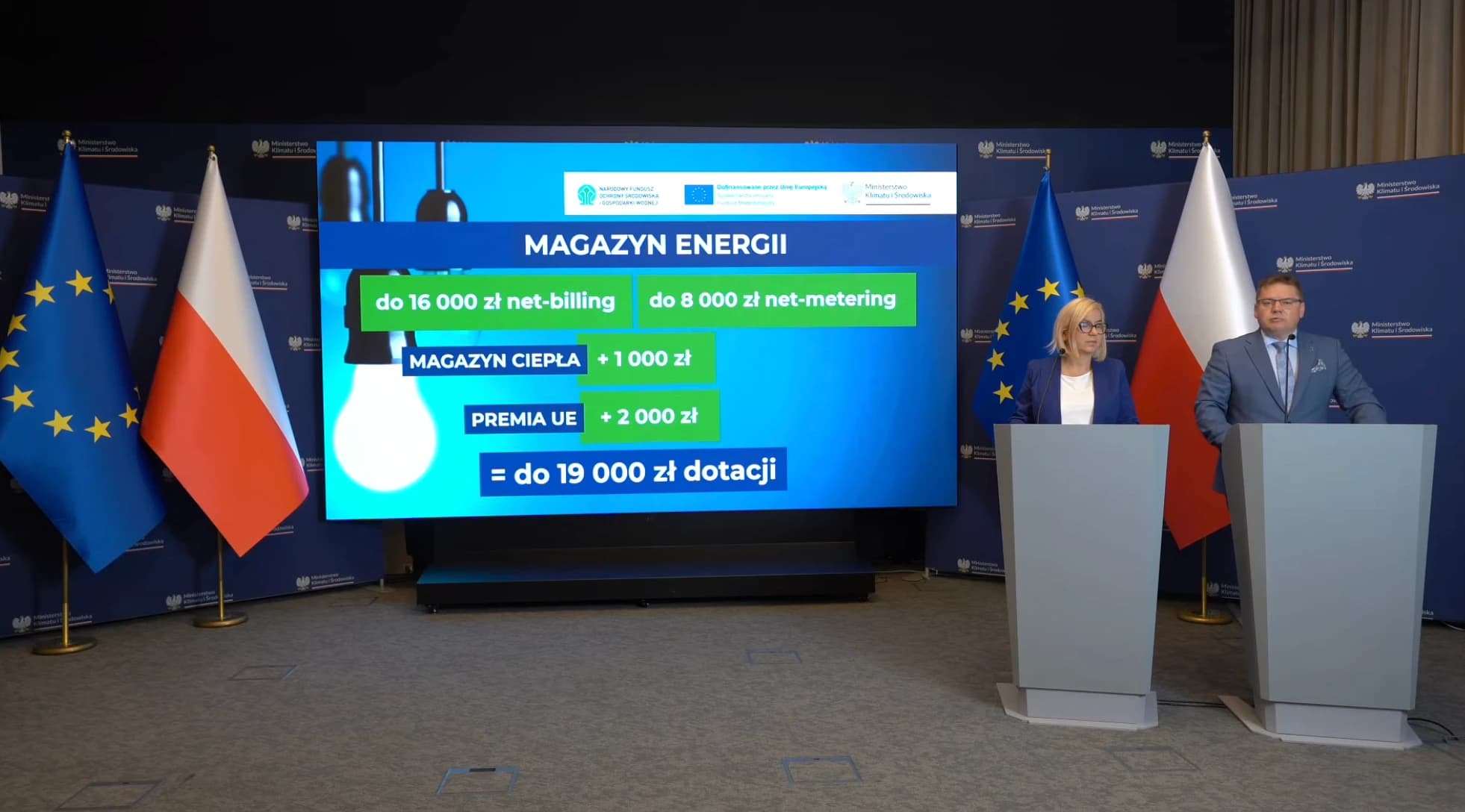 Slajd z konferencji MKiŚ: magazyn energii do 16 000 zł w net-billingu lub do 8 000 zł w net-meteringu, magazyn ciepła plus 1 000 zł, premia UE plus 2 000 zł, łącznie do 19 000 zł dotacji. Źródło: Ministerstwo Klimatu i Środowiska.
