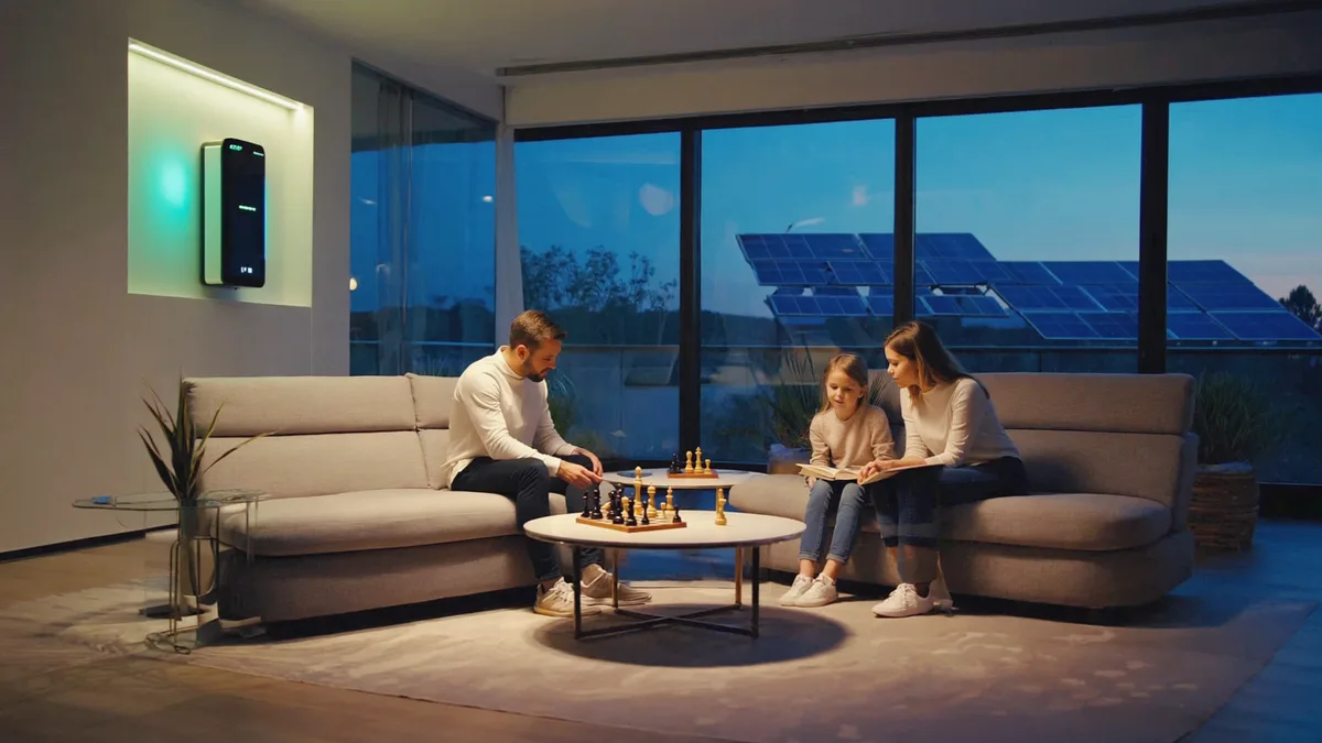 Szczęśliwa rodzina wieczorem w domu z magazynem energii