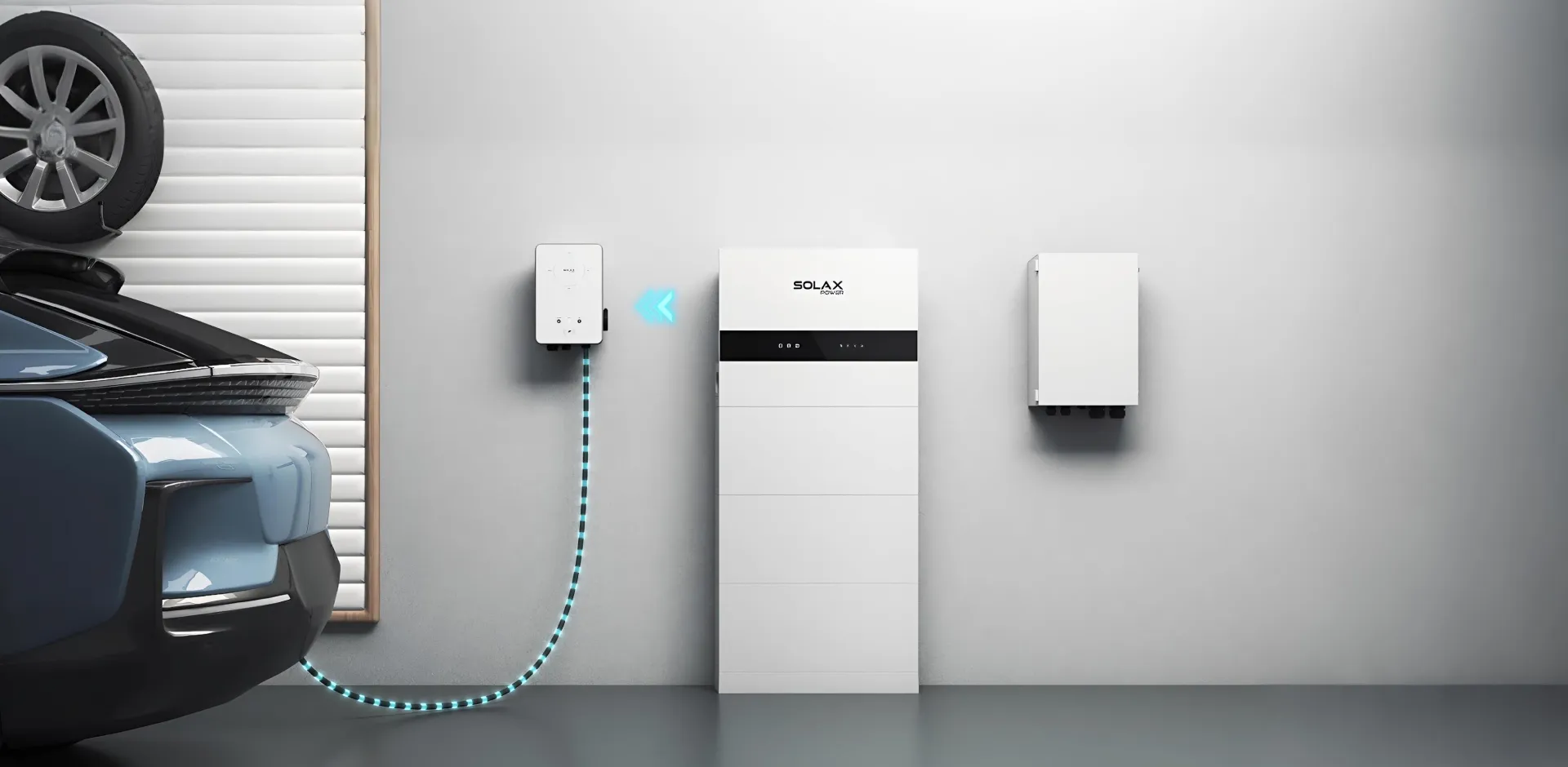 Magazyn energii SolaX z ładowarką EV w garażu, kompletny ekosystem domowy
