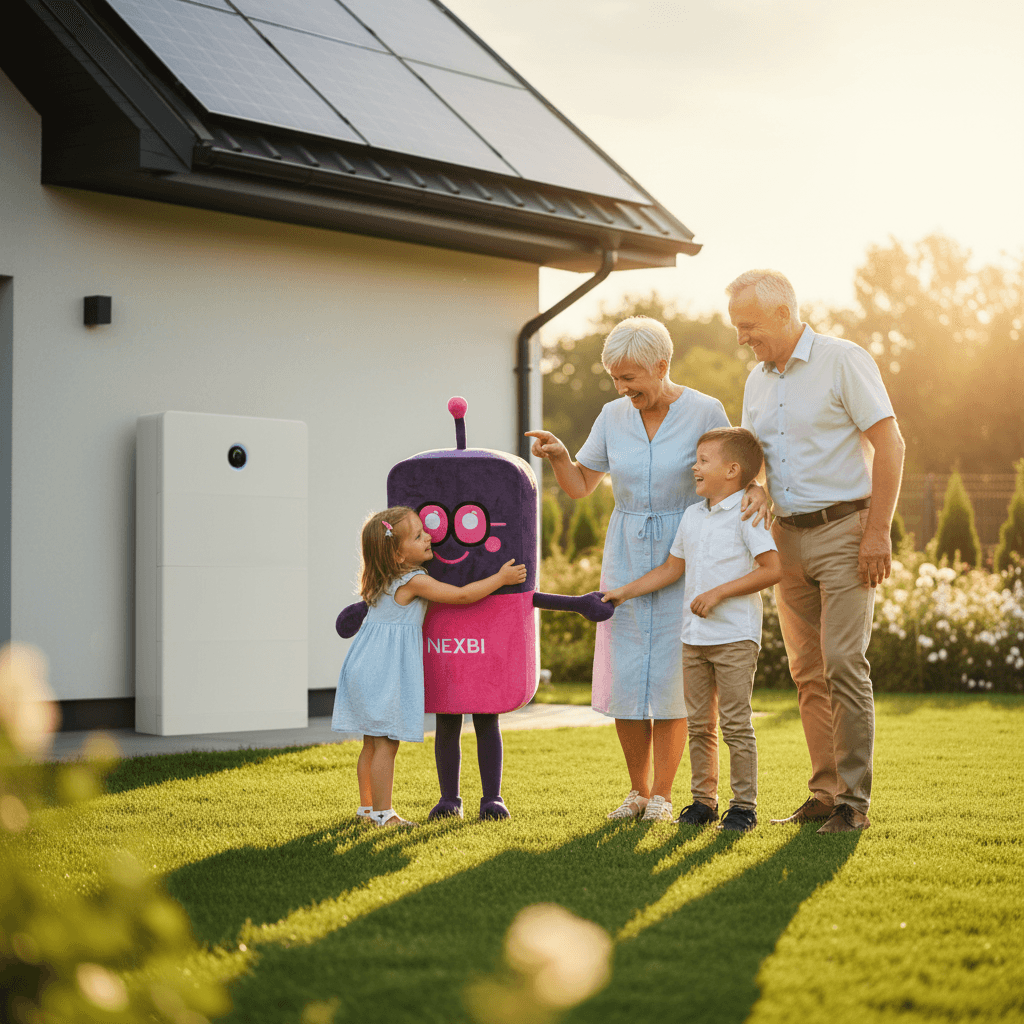 Dzieci witają maskotkę NEXBI przy magazynie energii
