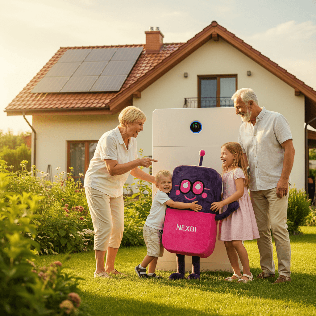 Rodzina z dziećmi i maskotką NEXBI przed domem z magazynem energii