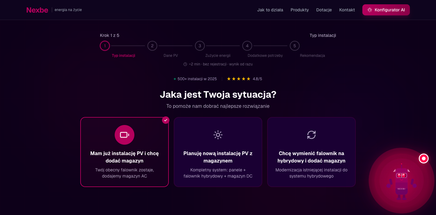 Konfigurator krok 1 — wybór sytuacji