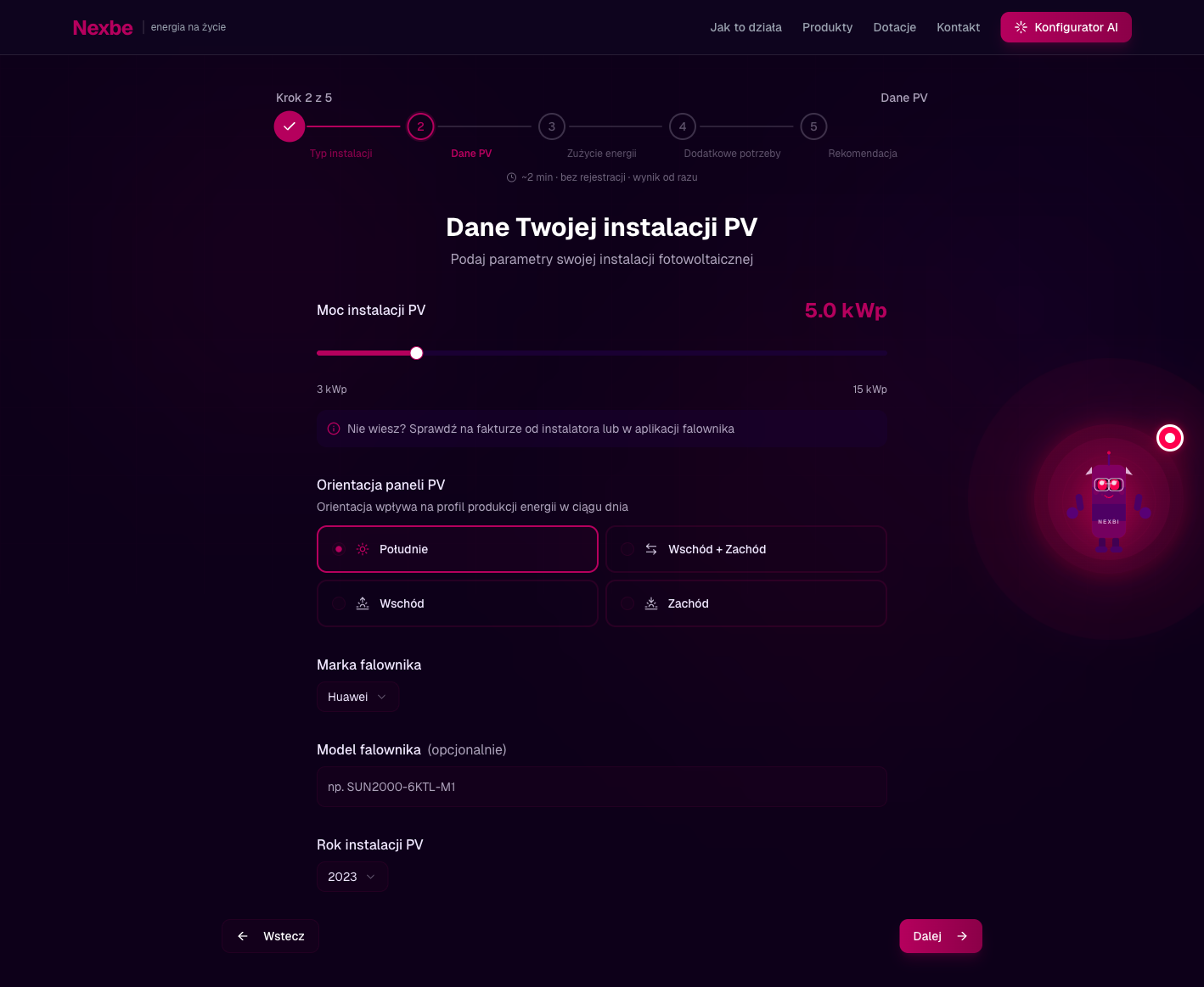 Konfigurator krok 2 — dane instalacji PV