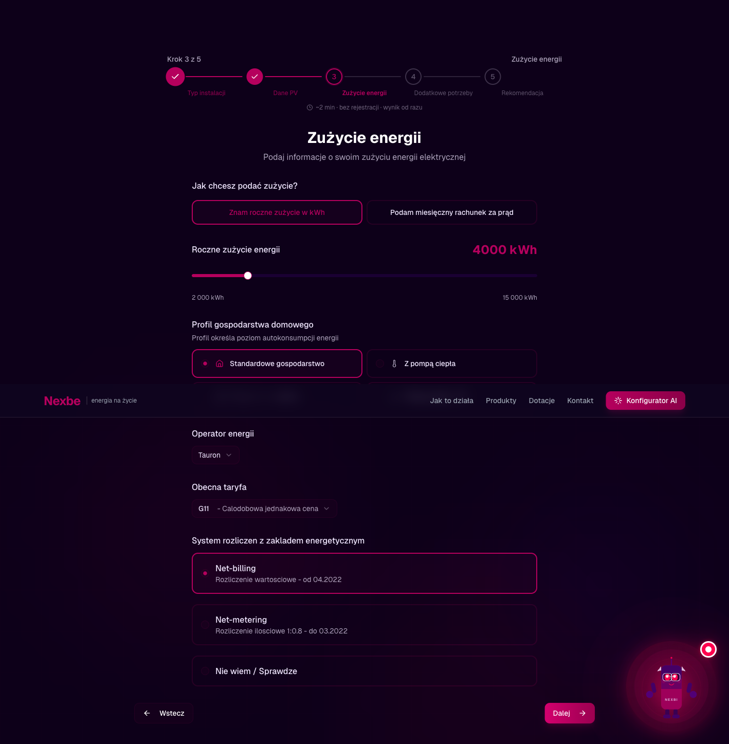 Konfigurator krok 3 — zużycie energii