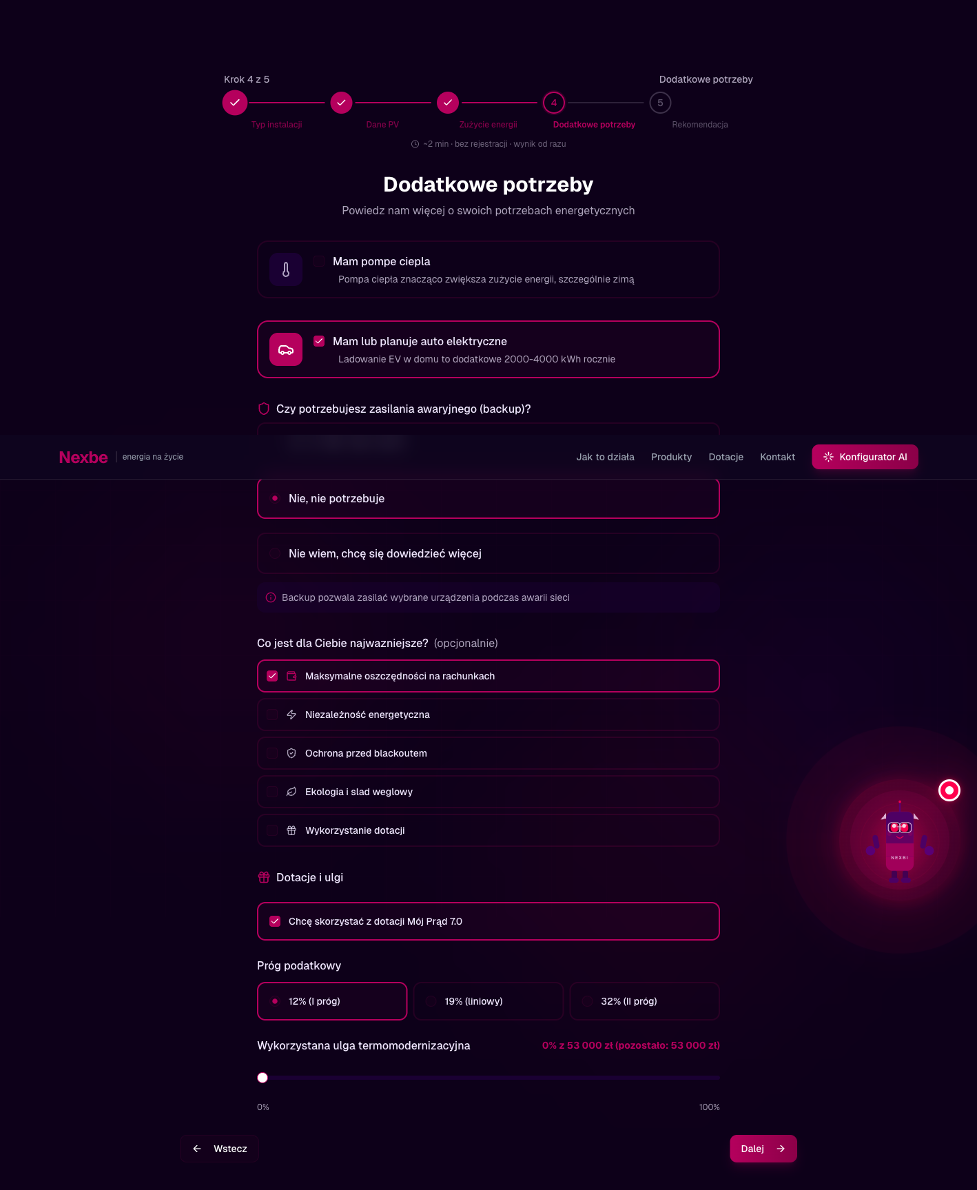 Konfigurator krok 4 — dodatkowe potrzeby i dotacje