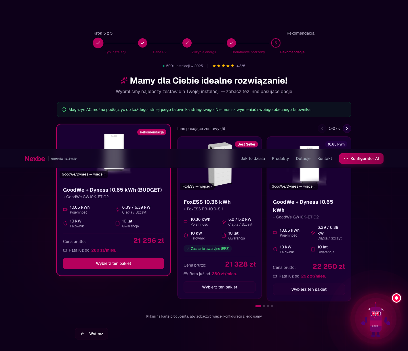 Konfigurator krok 5 — rekomendacje i wycena